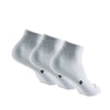 A pair of white performance ankle socks for running and athletic activities shown from the side.