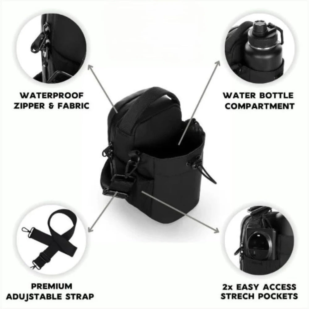 Black waterproof water bottle compartment bag with a premium adjustable strap and stretch pockets