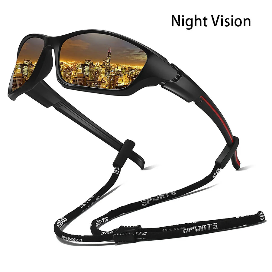 A pair of black sunglasses with a night vision display, shown against an urban skyline.