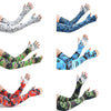 A collection of arm sleeves in various camouflage and patterned designs for sun protection.