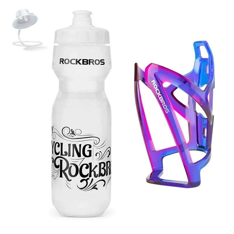 Bouteille d'eau blanche avec un composant de vélo violet et bleu attaché.