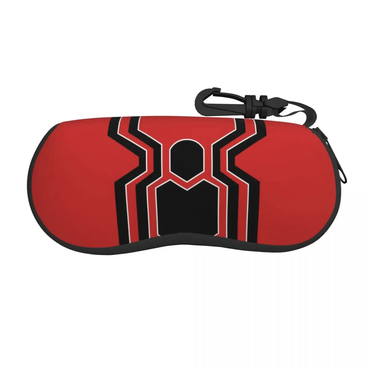 A red pouch featuring a black spider web design and a black strap.