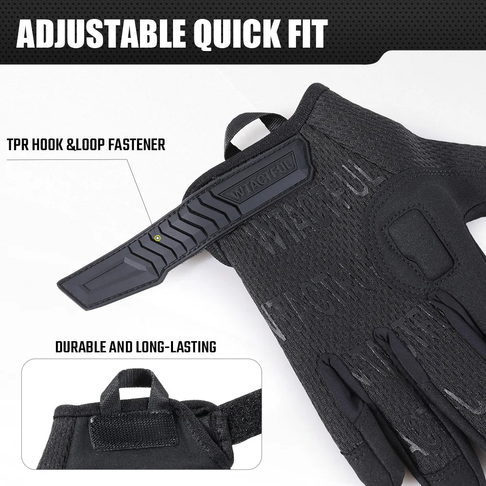 Black adjustable quick fit tactical gloves featuring a TPR hook and loop fastener.