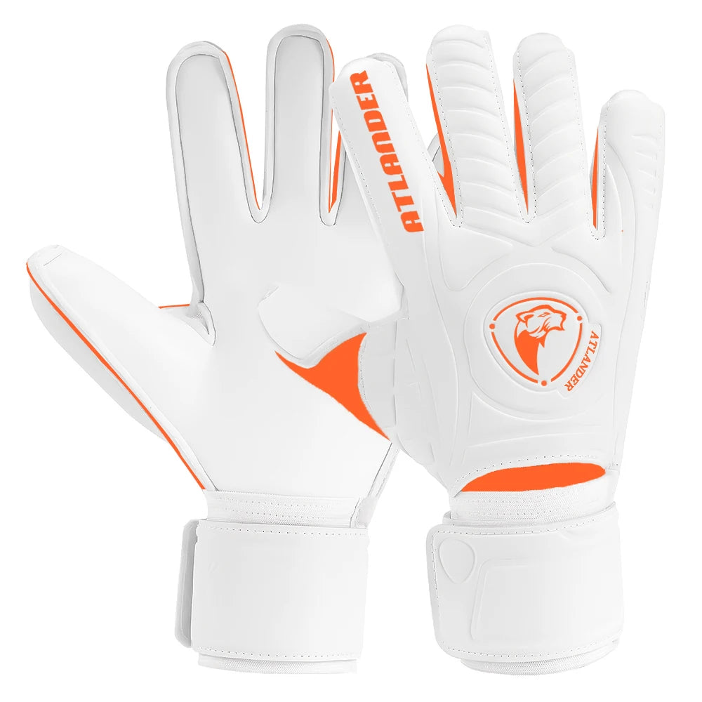 A pair of white and orange leather goalkeeper gloves for soccer or football