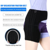 Black hip dislocation fixation belt with a flexible spring steel bar shown on a person's thigh.
