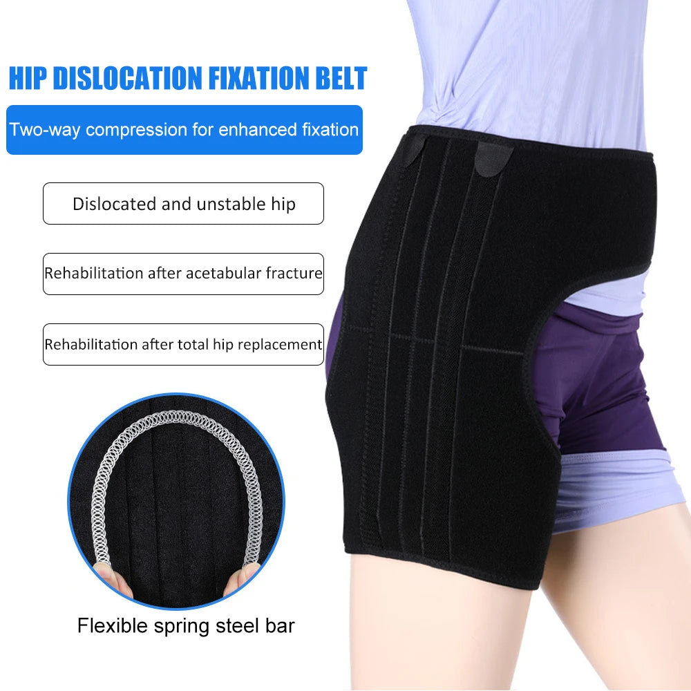 Black hip dislocation fixation belt with a flexible spring steel bar shown on a person's thigh.