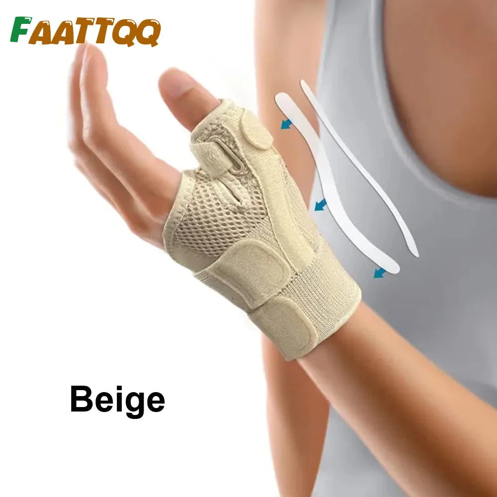 Beige flexible thumb splint wrist brace worn on a hand and wrist.