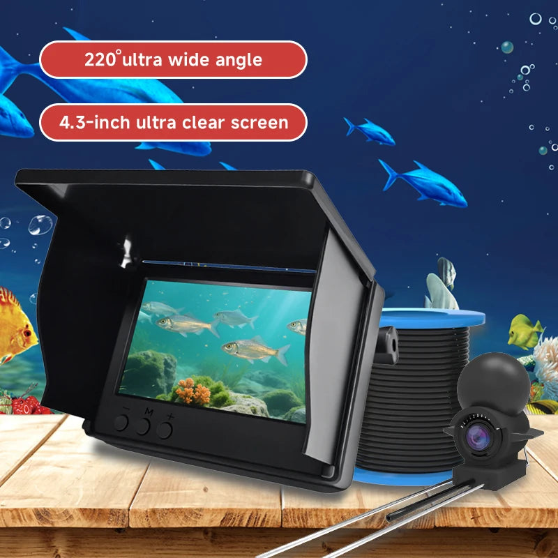 A black handheld underwater fishing camera is shown with a clear screen and an attached lens on a wooden surface.