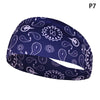 Navy blue patterned elastic sports headband shown from the side.