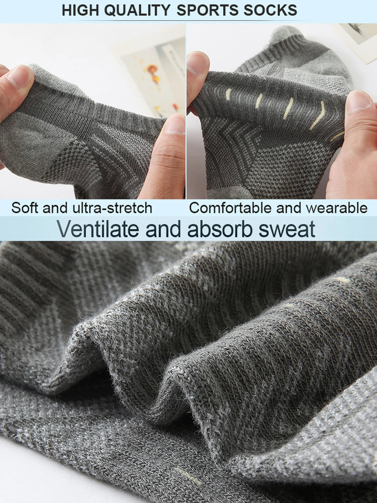 Close-up view of gray athletic mesh socks showing texture and stretch features.