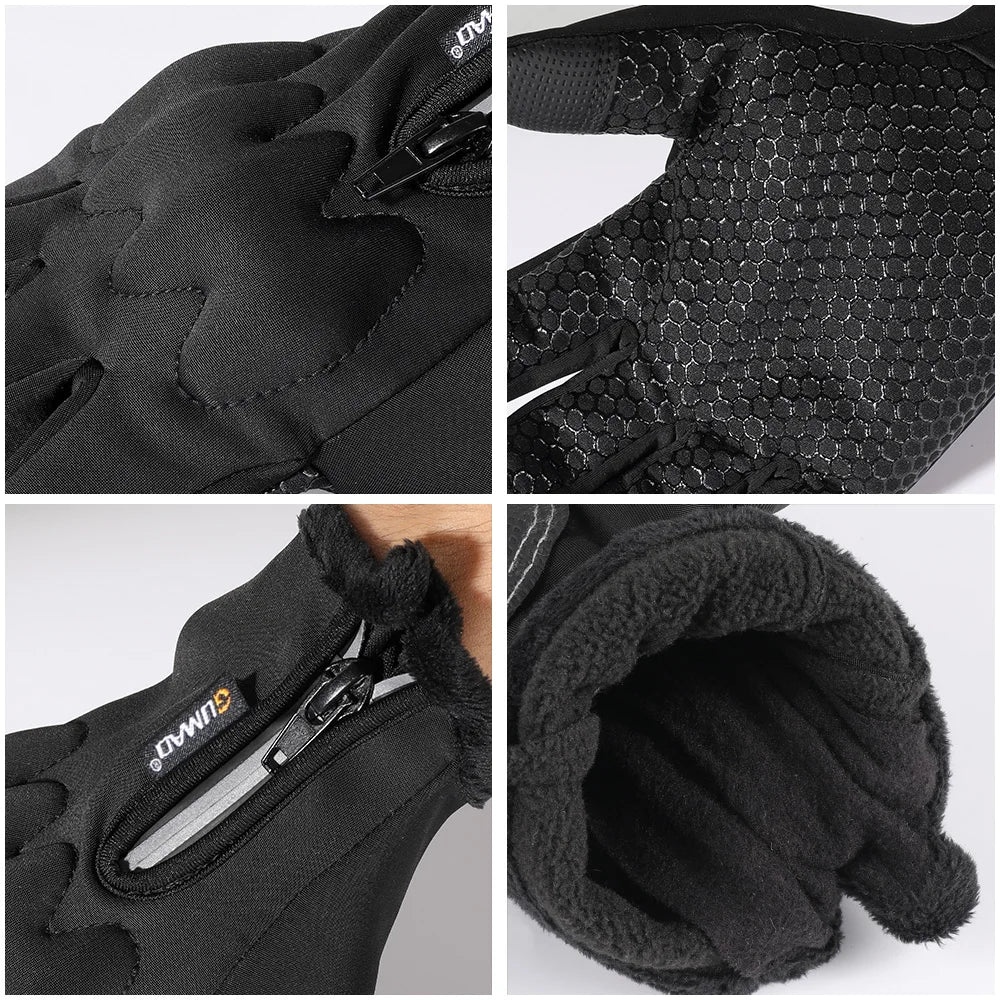 Black tactical gloves with a textured surface and a fuzzy lining shown in various angles.