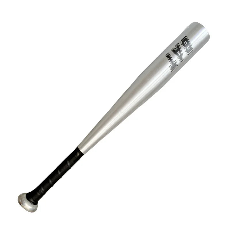 A silver aluminum baseball bat with a black grip and the word BAT engraved on the barrel.