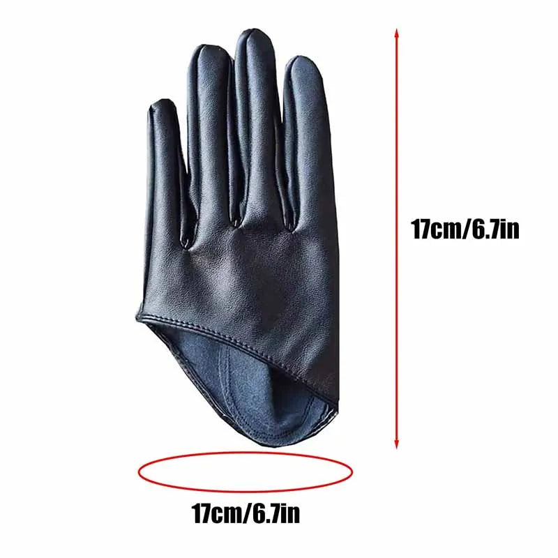 A pair of black PU leather finger gloves shown against a white background with a measurement indicator.