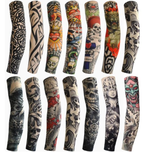 A collection of various stretch knit tattoo sleeves decorated with black and gray designs on arms.