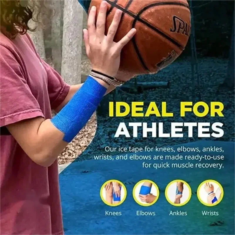 A hand grips a basketball while a purple self-adhesive instant cooling ice tape is shown for muscle recovery.