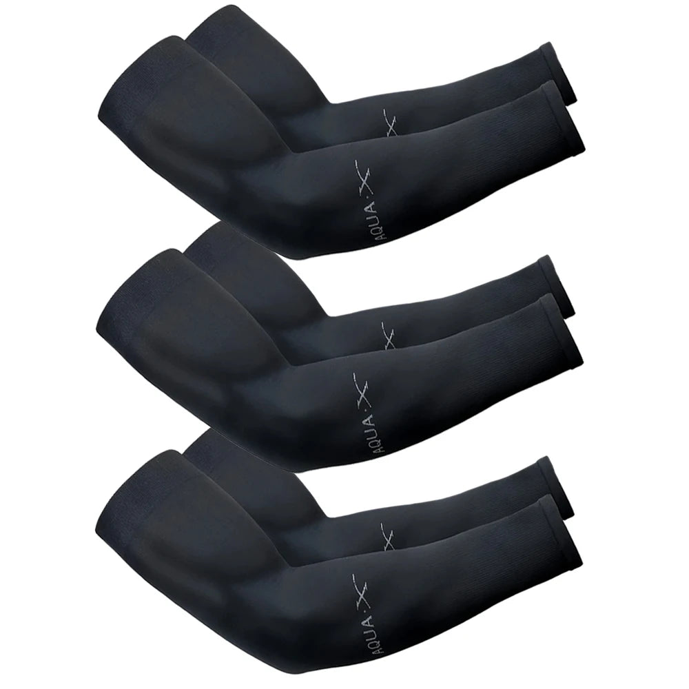 Three black unisex sun protection arm sleeves laid out flat.