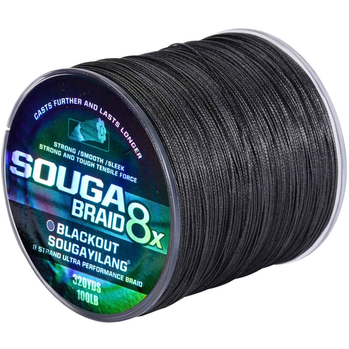 Spool of SOUGA BRAID 8X black fishing line with branding text