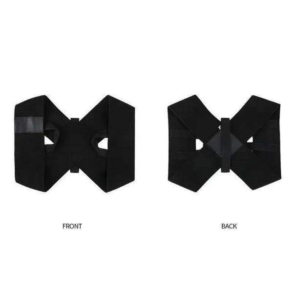Front and back views of a black elastic yoga and fitness support belt.