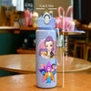 A light purple cartoon character water bottle featuring a stylized female figure with purple hair and pink accents.