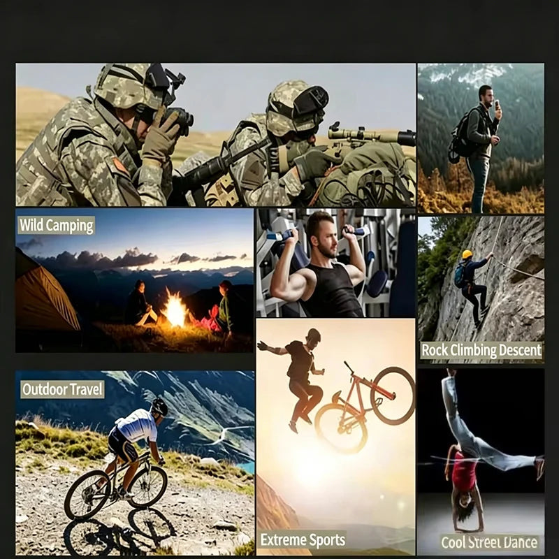 A collage showing various extreme sports and outdoor activities including hunting, rock climbing, cycling, and dance.