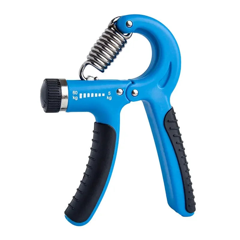 A blue hand grip strengthener with a coiled spring and black grips, showing the device for building forearm and finger streng