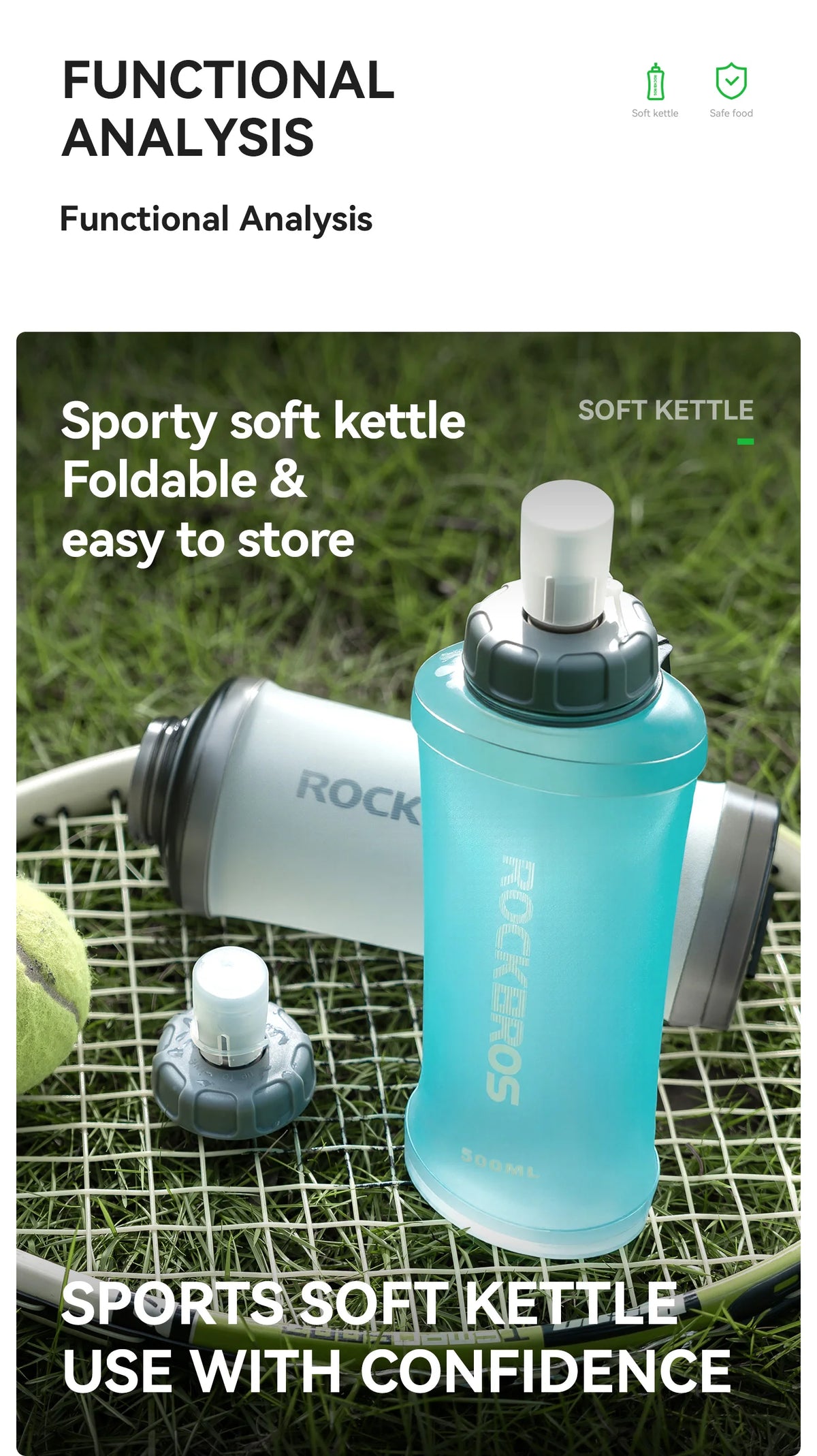 Una botella de termo deportiva azul claro sobre una superficie de malla verde con un accesorio blanco.