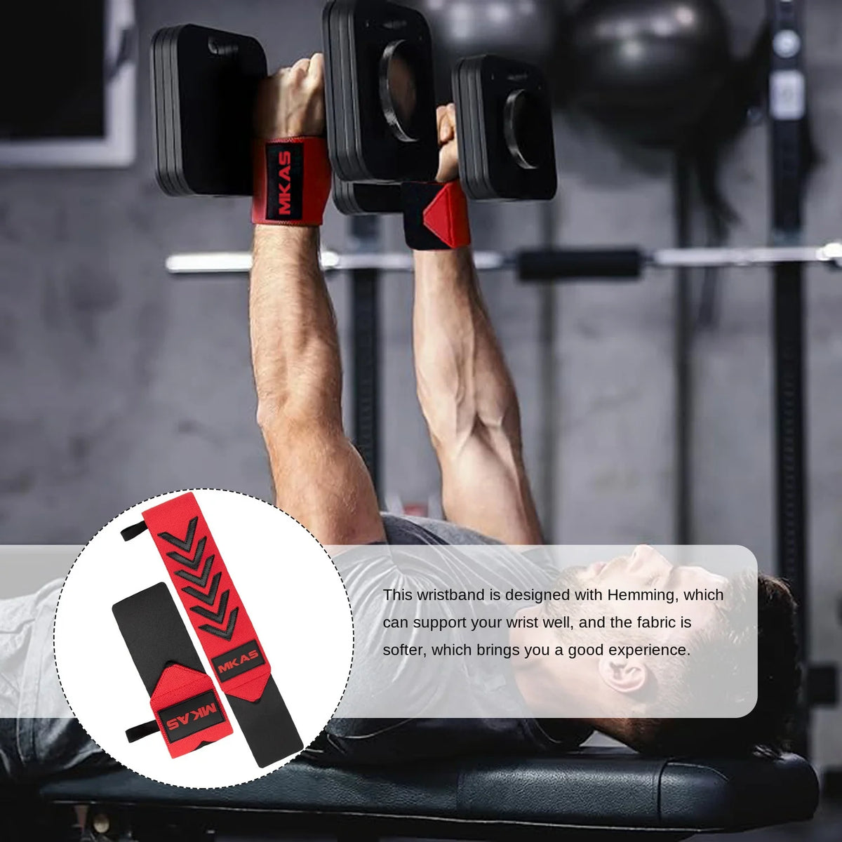 A person is demonstrating or wearing black wrist support wraps for fitness and lifting.