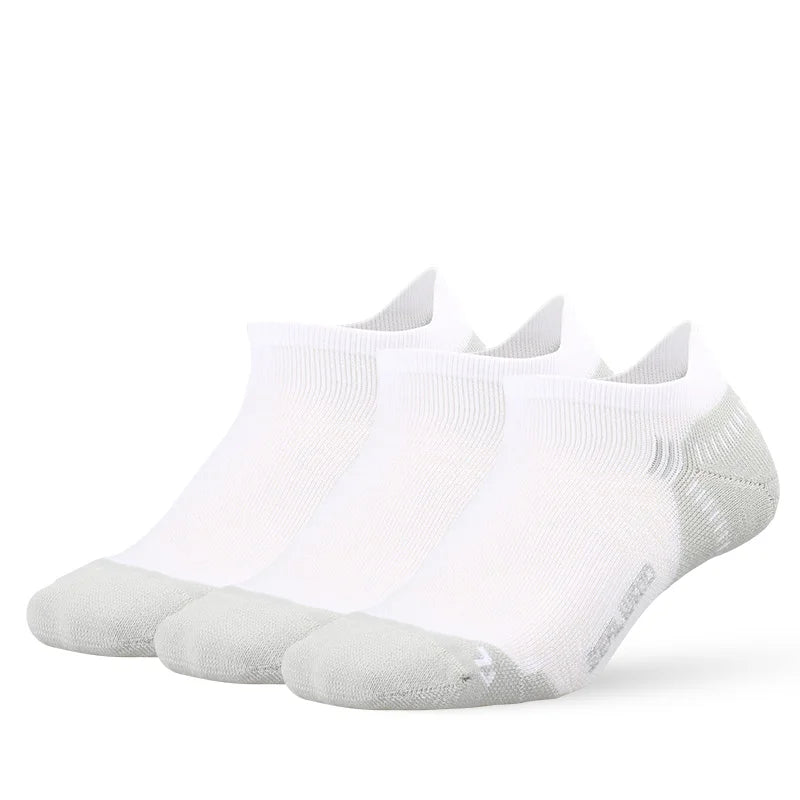 A pair of white breathable performance running socks displayed flat, showing the ankle and foot area.