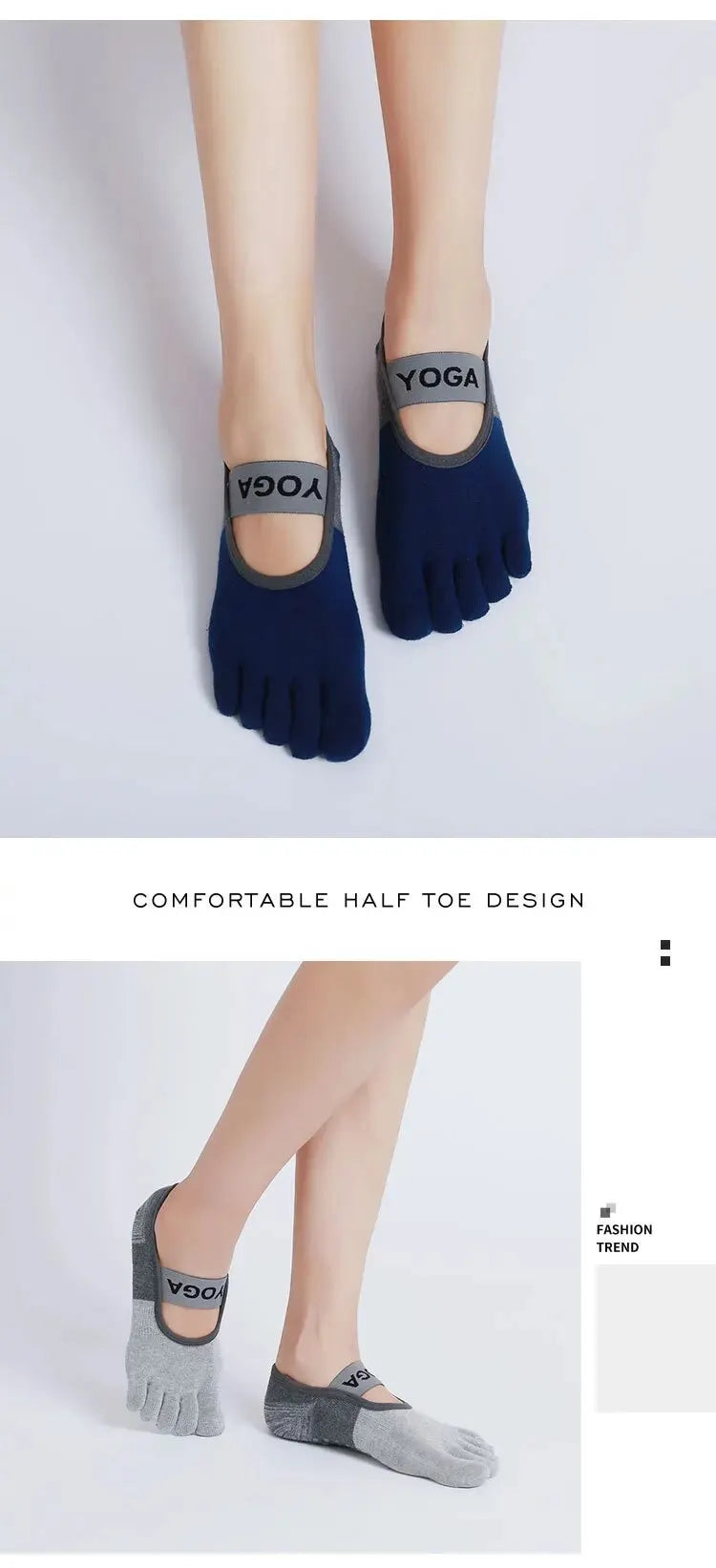 A pair of dark blue silicone yoga socks with a half toe design shown on a foot.