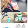 Reusable silicone collapsible coffee cups in various colors and sizes shown with a person drinking from one.