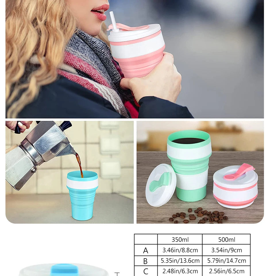 Reusable silicone collapsible coffee cups in various colors and sizes shown with a person drinking from one.