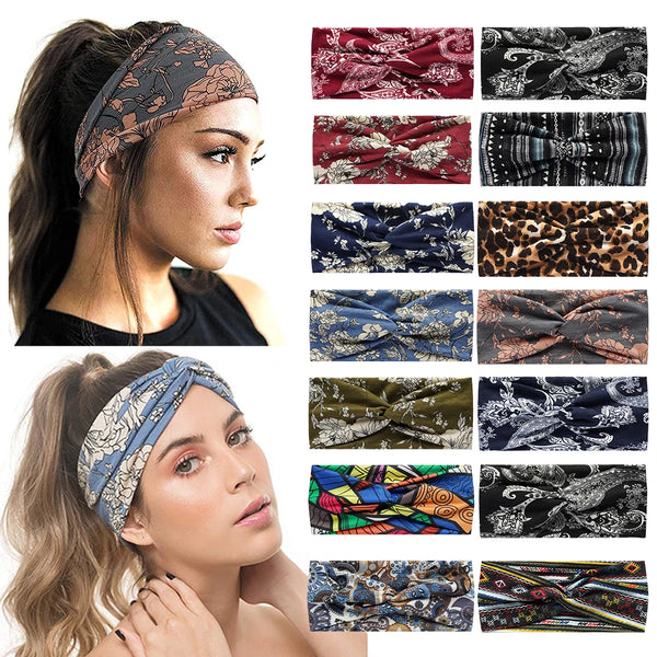 A woman models a bohemian vintage print headband in various patterns and colors.