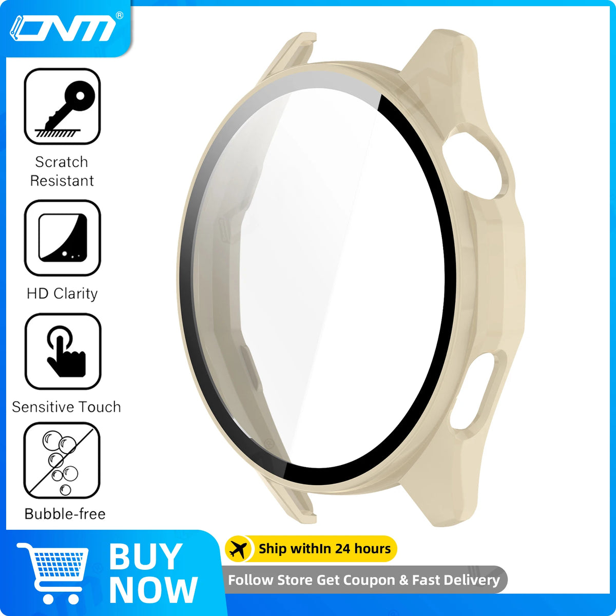 Clear tempered glass screen protector for a Huawei Watch GT 6 displayed on a beige case.