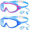 Pair of blue and pink kids swim goggles with earplugs and nose clip