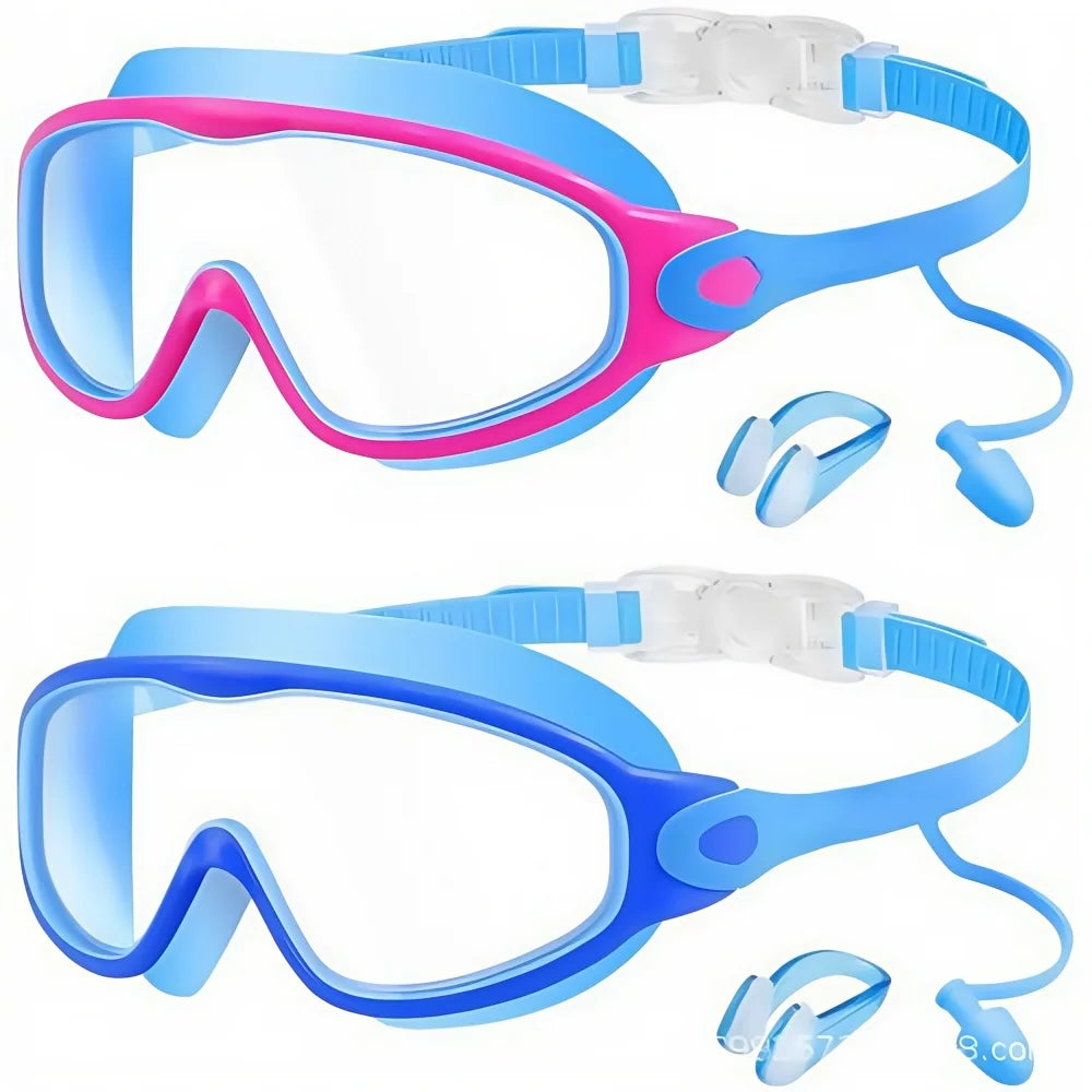 Pair of blue and pink kids swim goggles with earplugs and nose clip