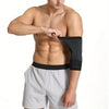 A man wearing a black joint support elbow protector sleeve on his right arm, standing against a white background.
