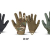 Three pairs of tactical touch screen outdoor gloves in black, coyote brown, and olive green.
