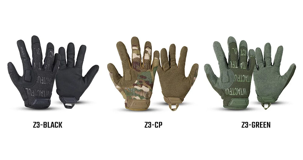Three pairs of tactical touch screen outdoor gloves in black, coyote brown, and olive green.