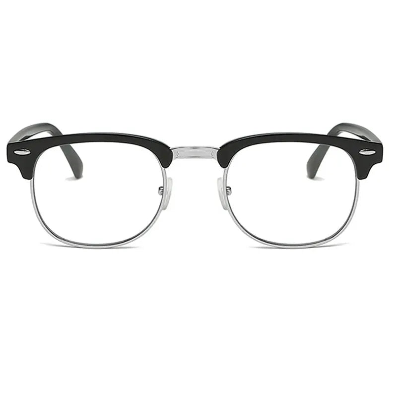 A pair of black and silver retro anti-blue light computer glasses with thick frames.