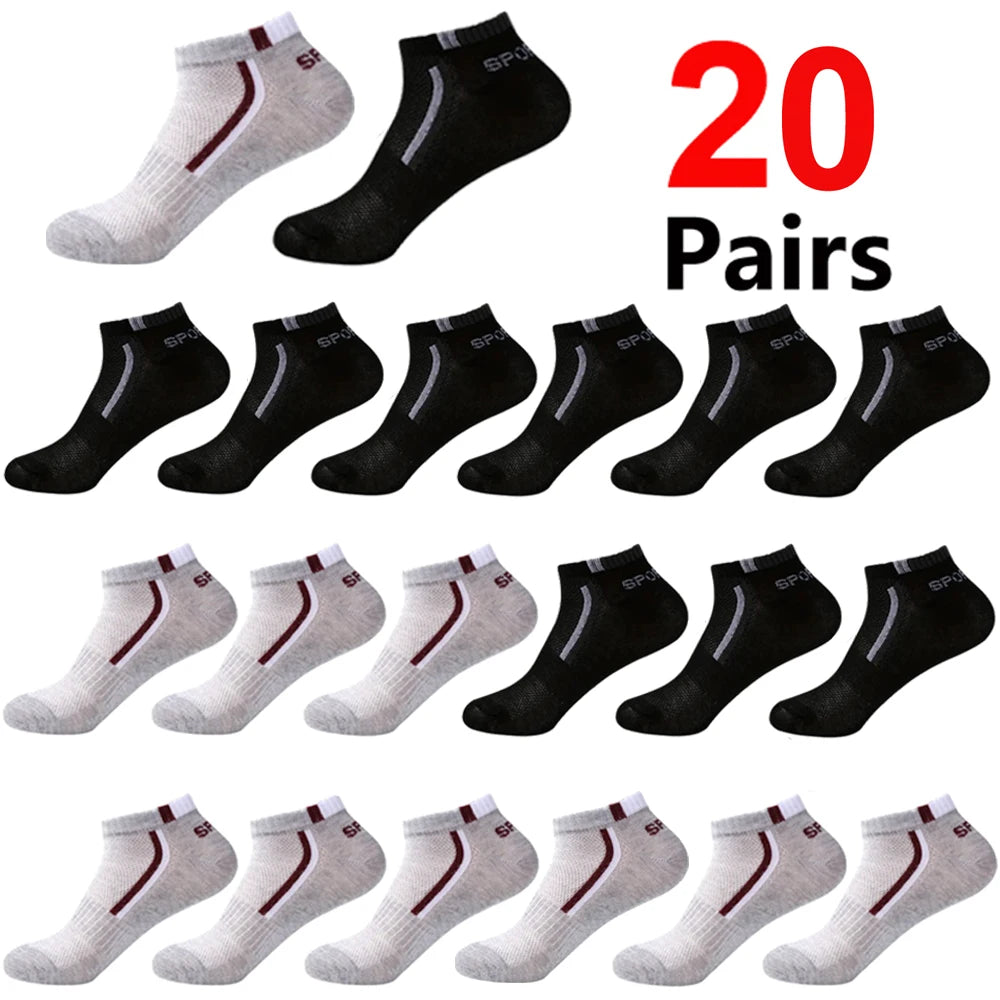 A variety of 20 pairs of men's color-block mesh ankle socks in black, gray, and white colors.