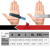 Diagram showing the palm size and width measurements for different glove sizes, from S to XXL.