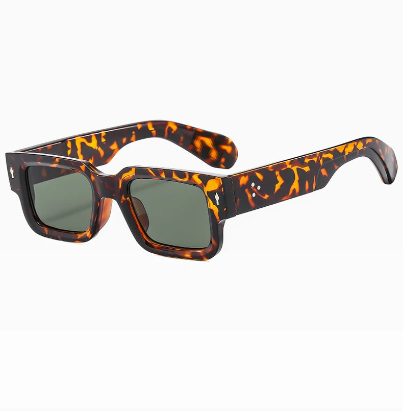 Men's Rivet Anti-Light sunglasses with an orange and black leopard print frame.