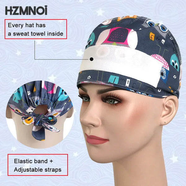 A woman is wearing a dark blue printed cotton surgical cap with an elastic band and adjustable straps.
