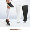 A person is wearing compression leg sleeves, showing the fit and comfort of the product.