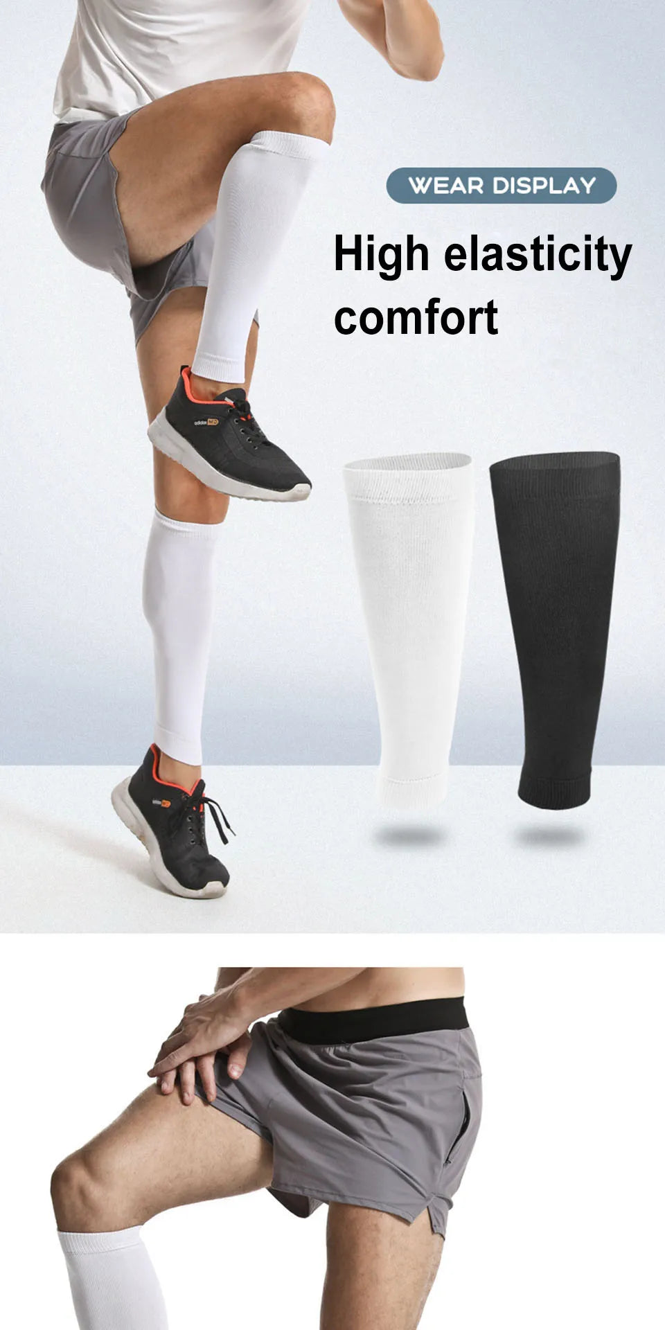 A person is wearing compression leg sleeves, showing the fit and comfort of the product.