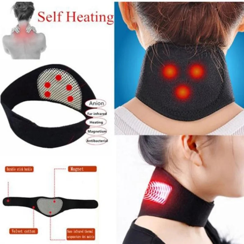 A black self-heating neck support brace showing various features like anion, infrared heating, magnetism, and antibacterial p