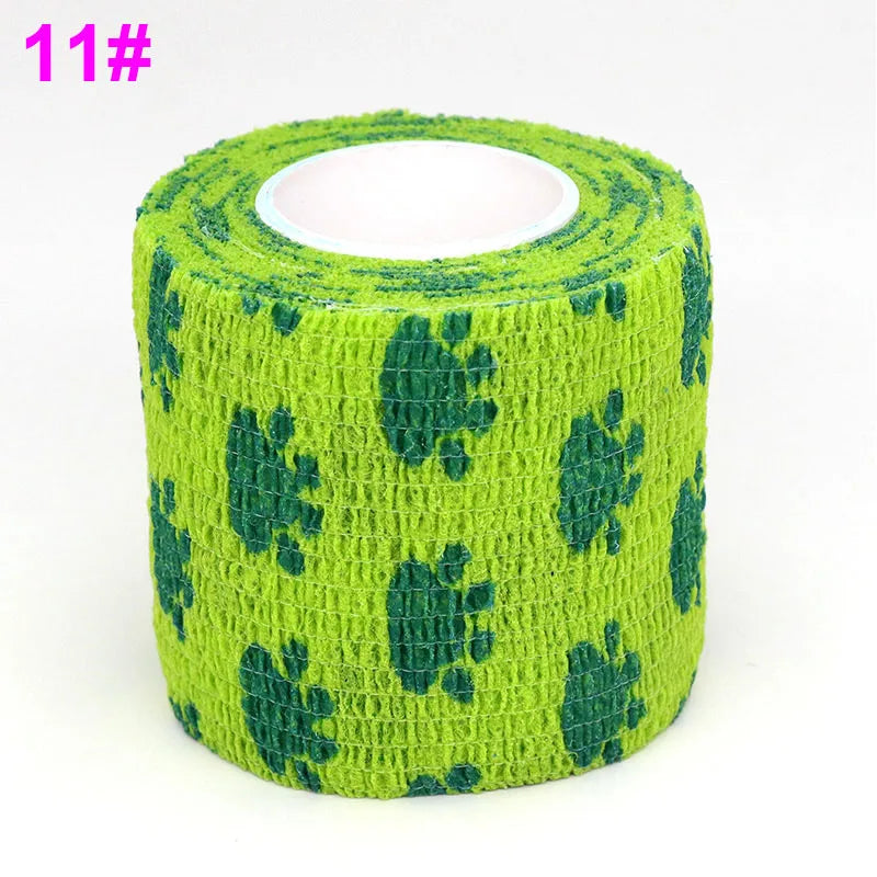 Roll of bright green elastic bandage tape with a dark green fruit pattern