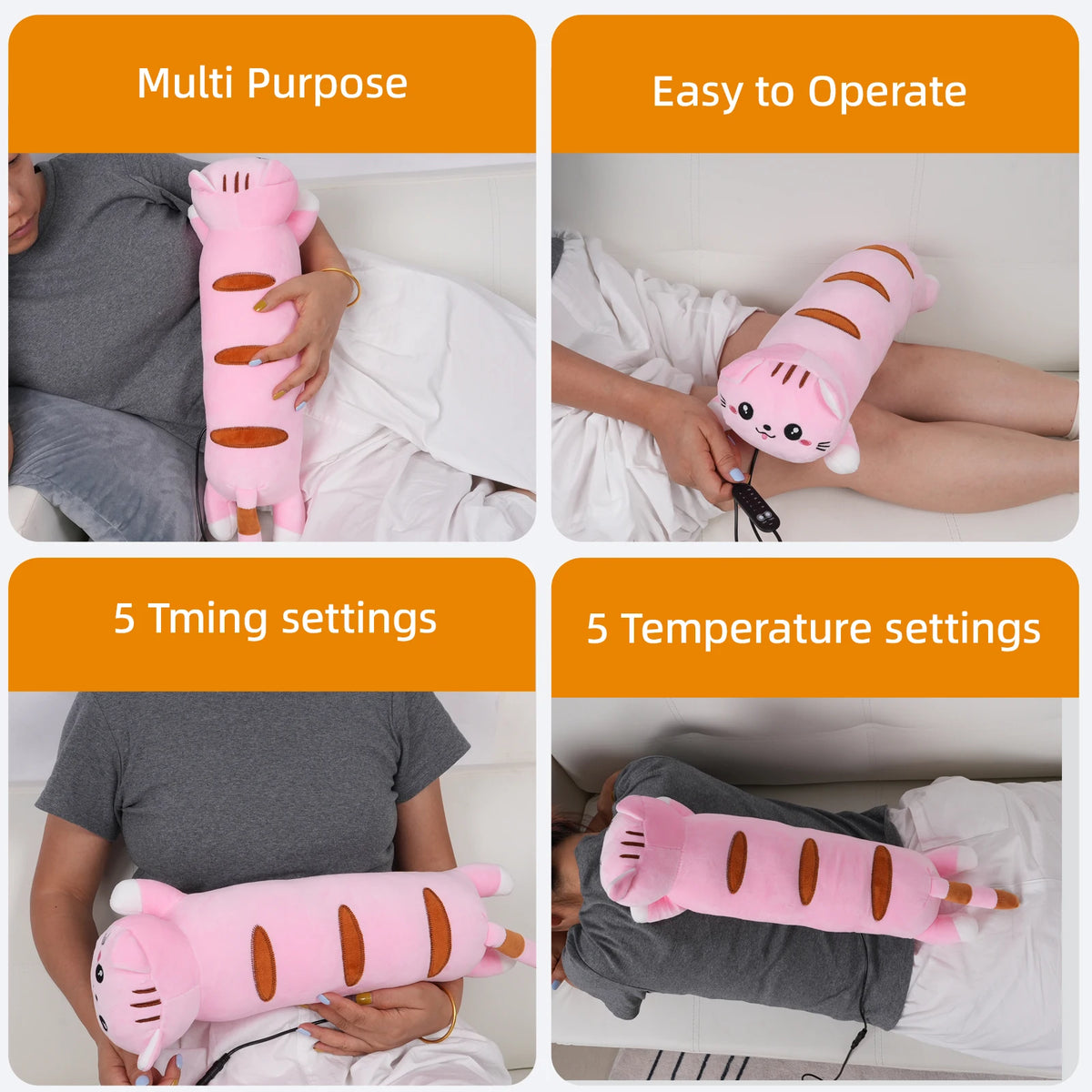 A pink soothing heating pad is shown being used on a person's leg for muscle relief.