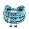 A close-up of a blue and white patterned knitted headband worn around the head.