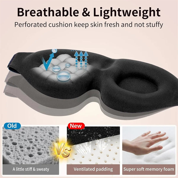 A black perforated cushion used in a sleep mask, showing its breathable and lightweight features.